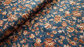 Textil - Bavlnená látka,,okrové kvety na modrej" - 16569693_