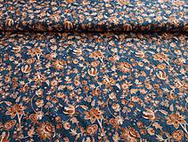 Textil - Bavlnená látka,,okrové kvety na modrej" - 16569695_