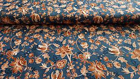 Textil - Bavlnená látka,,okrové kvety na modrej" - 16569696_