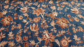 Textil - Bavlnená látka,,okrové kvety na modrej" - 16569697_