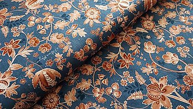 Textil - Bavlnená látka,,okrové kvety na modrej" - 16569694_