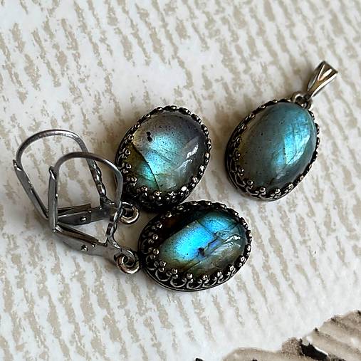 Vintage Filigree Natural Labradorite Set / Vintage náušnice a prívesok s labradoritom E038 (Prívesok)