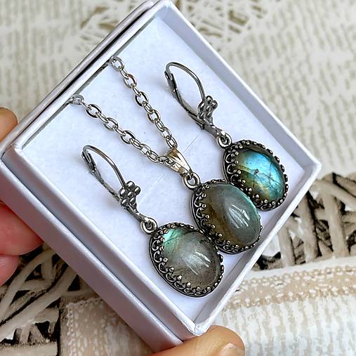 Vintage Filigree Natural Labradorite Set / Vintage náušnice a prívesok s labradoritom E038 (Prívesok)