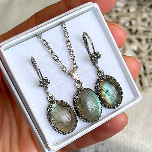 Vintage Filigree Natural Labradorite Set / Vintage náušnice a prívesok s labradoritom E038 (Prívesok)