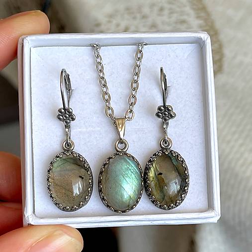 Vintage Filigree Natural Labradorite Set / Vintage náušnice a prívesok s labradoritom E038 (Sada - náušnice + prívesok)