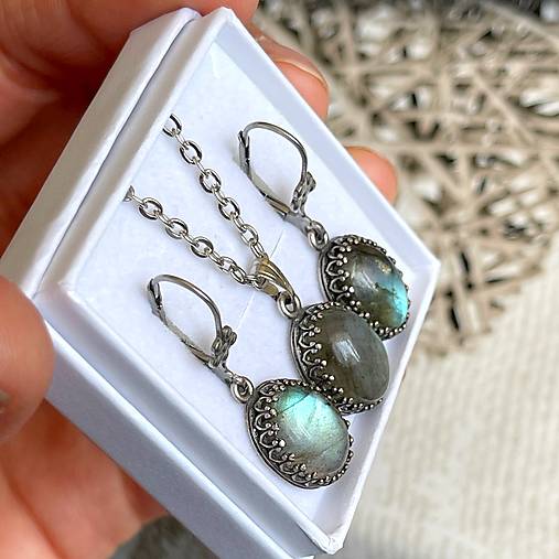 Vintage Filigree Natural Labradorite Set / Vintage náušnice a prívesok s labradoritom E038 (Sada - náušnice + prívesok)