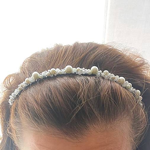 ZĽAVA 40% White Wedding Crystal Beaded Headband / Korálková čelenka biela - svadobná /S0011a