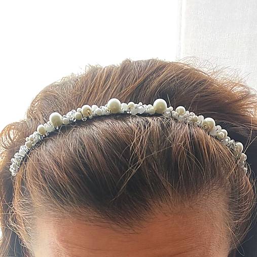 ZĽAVA 40% White Wedding Crystal Beaded Headband / Korálková čelenka biela - svadobná /S0011a