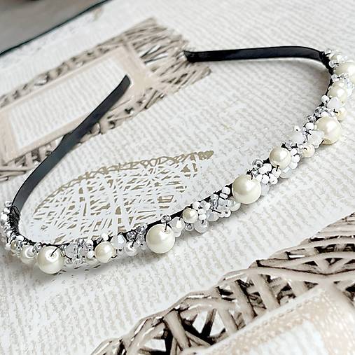 ZĽAVA 40% White Wedding Crystal Beaded Headband / Korálková čelenka biela - svadobná /S0011a