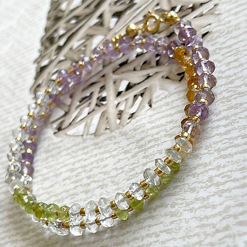 Peridot, Citrine, Amethyst and Aquamarine Necklace AG925 AU585 / Náhrdelník mix minerálov rondelky, AG925 pozlátený E036