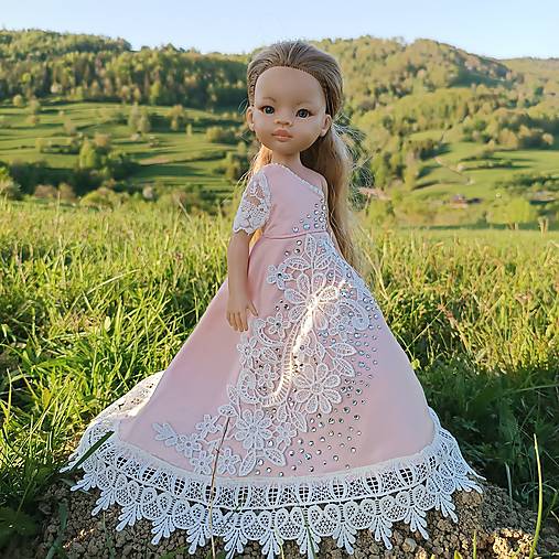 Ružové kamienkové šaty pre bábiku Paola reina