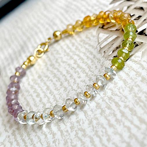 Peridot, Citrine, Amethyst and Aquamarine Bracelet AG925 AU585 / Náramok mix minerálov, AG925, pozlátený E036