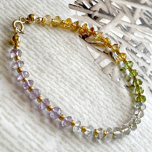 Peridot, Citrine, Amethyst and Aquamarine Bracelet AG925 AU585 / Náramok mix minerálov, AG925, pozlátený E036