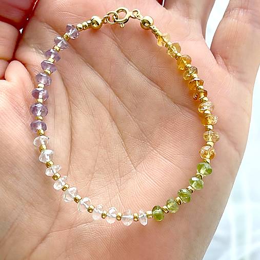 Peridot, Citrine, Amethyst and Aquamarine Bracelet AG925 AU585 / Náramok mix minerálov, AG925, pozlátený E036