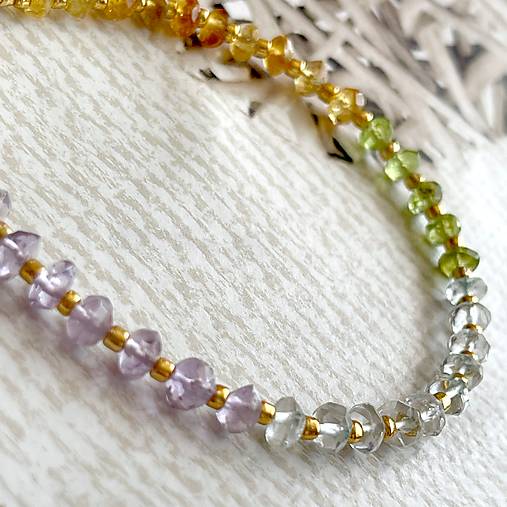 Peridot, Citrine, Amethyst and Aquamarine Bracelet AG925 AU585 / Náramok mix minerálov, AG925, pozlátený E036