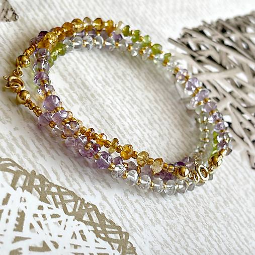 Peridot, Citrine, Amethyst and Aquamarine Bracelet AG925 AU585 / Náramok mix minerálov, AG925, pozlátený E036