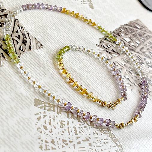 Peridot, Citrine, Amethyst and Aquamarine Bracelet AG925 AU585 / Náramok mix minerálov, AG925, pozlátený E036