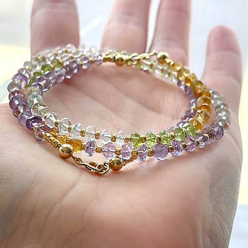 Peridot, Citrine, Amethyst and Aquamarine Bracelet AG925 AU585 / Náramok mix minerálov, AG925, pozlátený E036