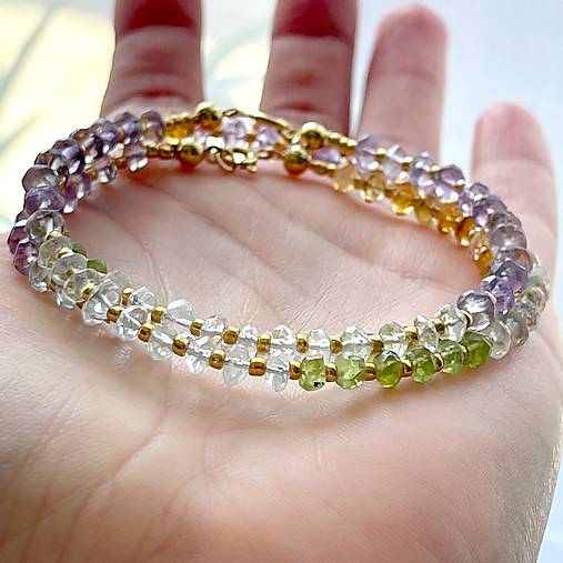 Peridot, Citrine, Amethyst and Aquamarine Bracelet AG925 AU585 / Náramok mix minerálov, AG925, pozlátený E036