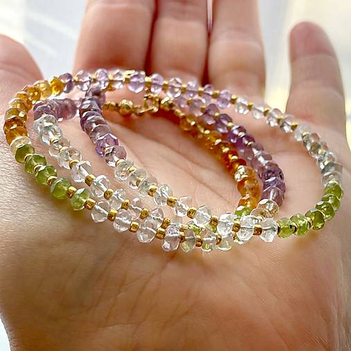 Peridot, Citrine, Amethyst and Aquamarine Bracelet AG925 AU585 / Náramok mix minerálov, AG925, pozlátený E036