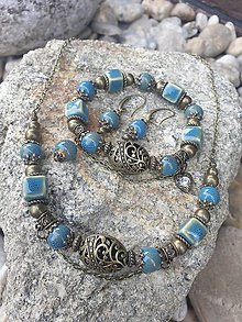 Sady šperkov - Vintage set s modrými keramickými korálikmi - 16576115_