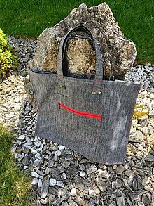 Nákupné tašky - Nákupna pevná taška šedá melír s červenou - 16575671_