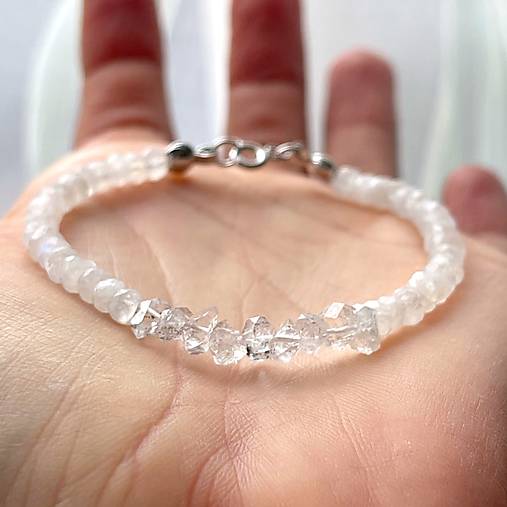  - Herkimer Diamond Moonstone Bracelet AG925 RH Plated / Náramok Herkimer diamant, mesačný kameň E037 - 16577214_
