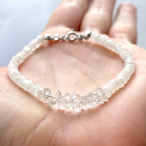 Herkimer Diamond Moonstone Bracelet AG925 RH Plated / Náramok Herkimer diamant, mesačný kameň E038