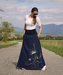 Sukne - Dlhá ľanová sukňa tmavomodrá maľovaná - 16576895_