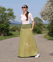 Sukne - Dlhá ľanová sukňa svetlozelená maľovaná - 16576902_