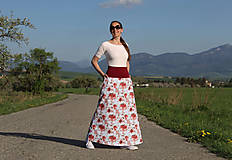 Sukne - Dlhá bavlnená sukňa biela s červenými kvetinami - 16580610_