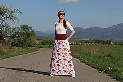 Sukne - Dlhá bavlnená sukňa biela s červenými kvetinami - 16580611_
