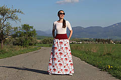 Sukne - Dlhá bavlnená sukňa biela s červenými kvetinami - 16580612_