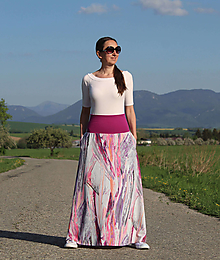 Sukne - Dlhá úpletová sukňa šedo-ružový abstrakt - 16580968_