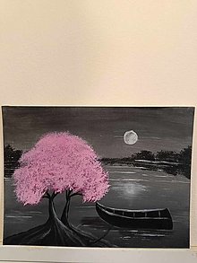 Obrazy - Opustený čln, ružový strom - 16582359_