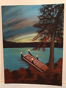 Obrazy - Jeseň, jazero, lavička - 16582394_