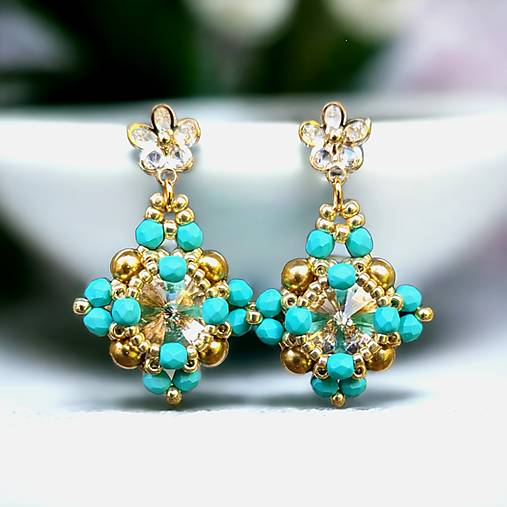 Náušnice - Šité náušnice zlato-tyrkysové, Swarovski - 16582184_