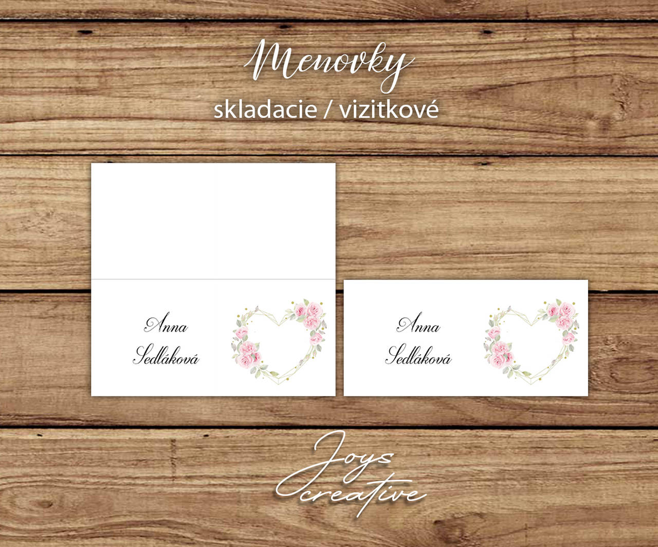 Skladacie / vizitkové menovky s ružovými kvetmi v geometrickom srdiečku