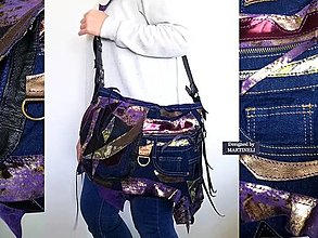 Kabelky - Fialová kožená kabelka cez rameno-Luxusná kabelka z kože a džínsoviny - 16586709_