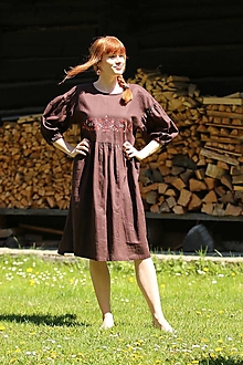 Šaty - Dámske ľanové vyšívané šaty Kôra stromu - 16586527_