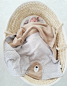 Detský textil - Letná deka mušelín biele čiarky na béžovej 65x90cm s mackom Sady svetlohnedy  fleece - 16588185_