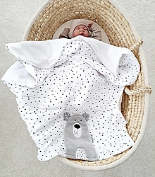 Detský textil - Letná deka mušelín bodkofliačiky 65x90cm s mackom Cute biely fleece - 16588192_