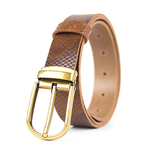 Opasky - Kožený unisex opasok CLASSIC BRASS, 3.3cm šírka, Hnedá SNAKE koža - 16587362_