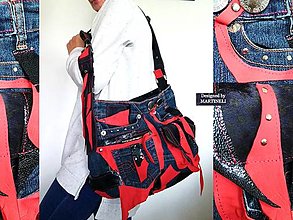 Kabelky - Červená kožená kabelka cez rameno-Luxusná kabelka z kože a džínsoviny - 16588935_