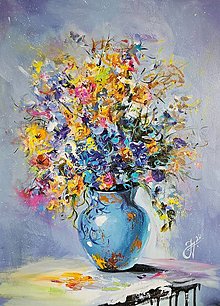 Obrazy - "Pestrofarebné kvety v tyrkysovej váze", 37x50 cm - 16590365_