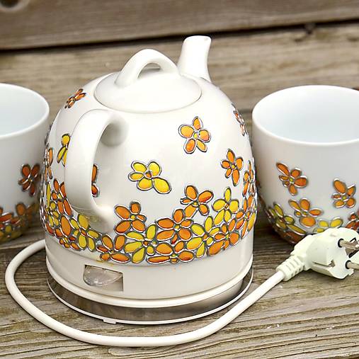 Nádoby - Varná konvice porcelánová malovaná – žluté květy (set se dvěma hrnky) - 16590876_