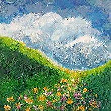 Obrazy - Nebo plné oblakov nad kvetmi a trávou - 16590741_