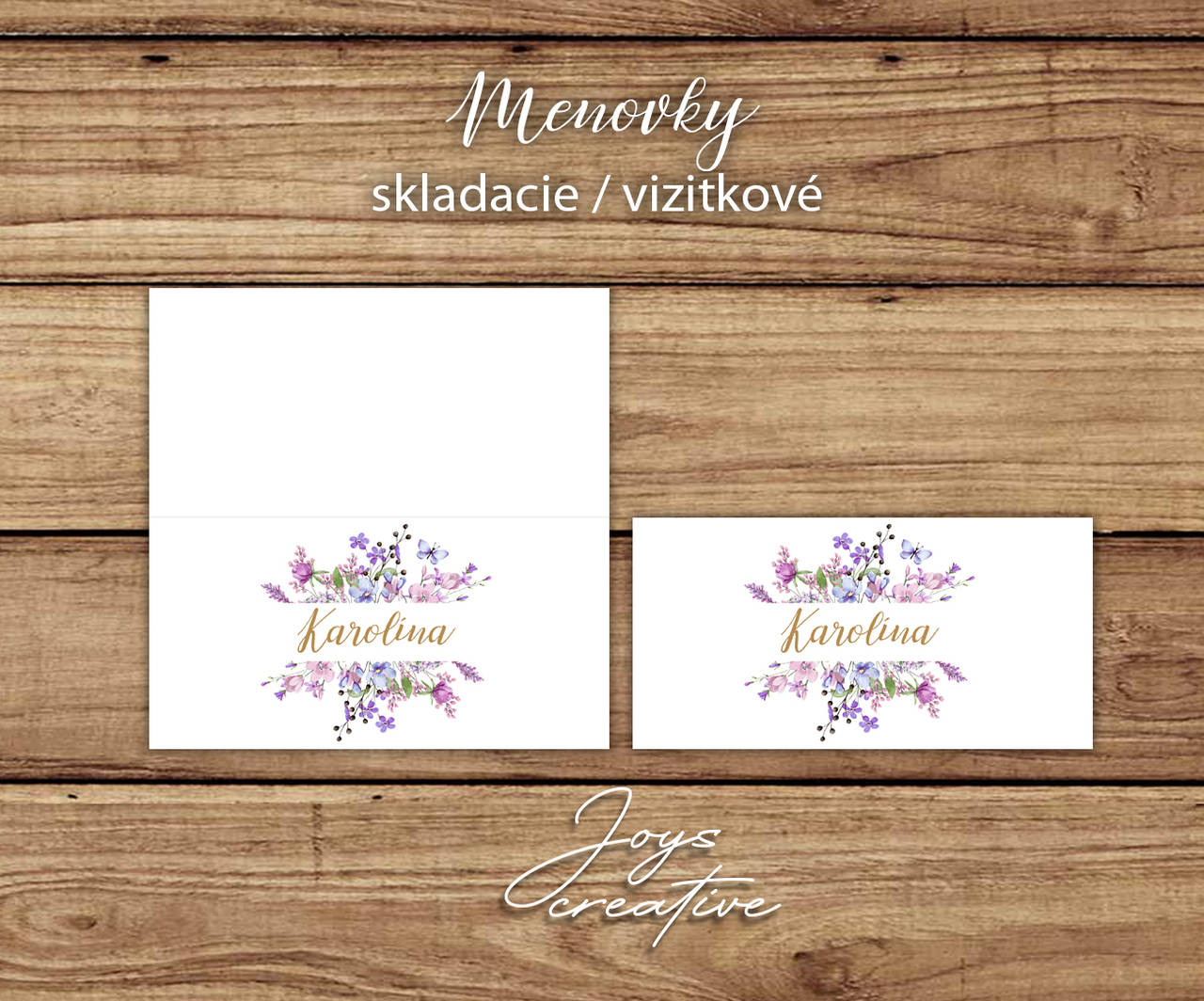 Skladacie / vizitkové menovky s ružovými kvetinami a zlatým písmom