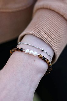 Náramky - Minimalistické náramky - riečne perly, tigrie oko - 16593550_