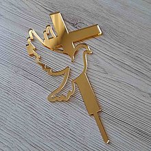 Dekorácie - Kríž s holubicou tortový zápich zlatý zrkadlový - 16597076_